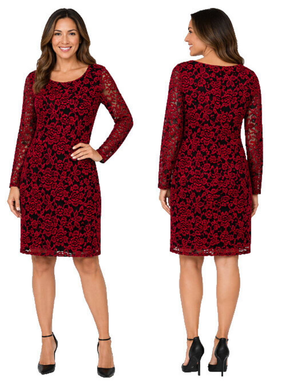 Eliza J Dress S 12 Burgundy Black Lace Sheath Cocktail Party Lined Long Sleeve